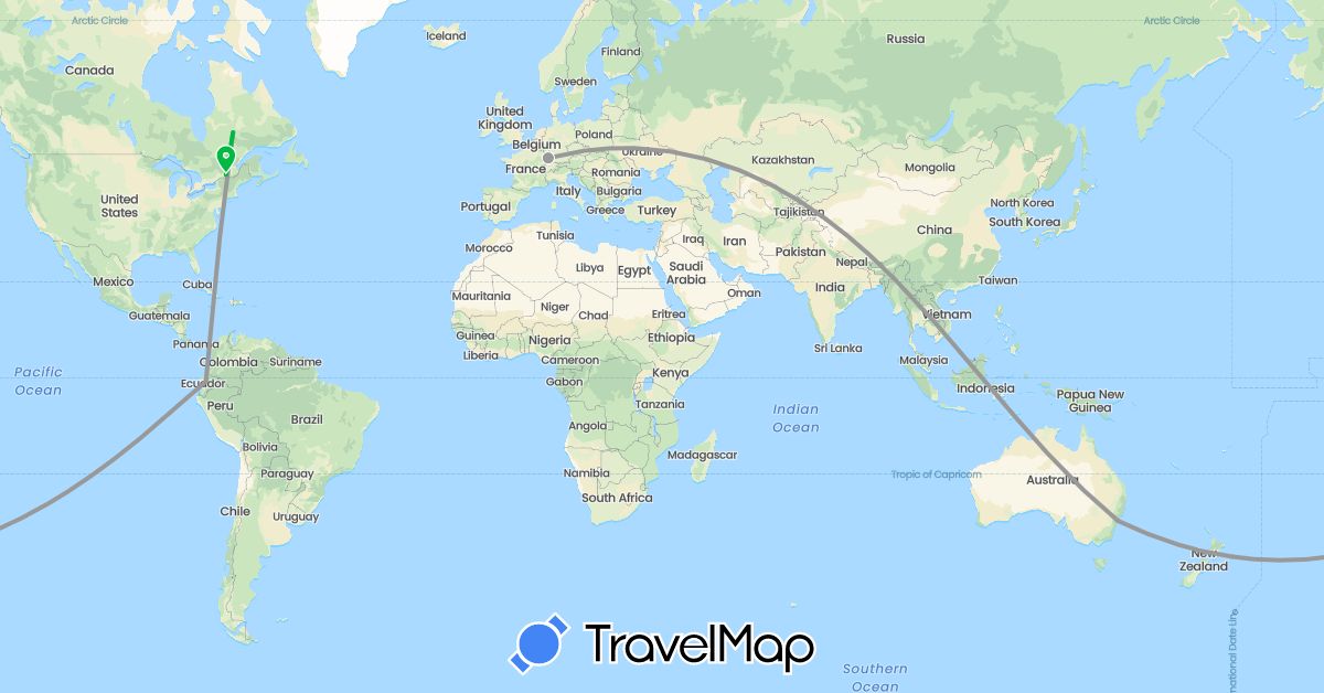 TravelMap itinerary: driving, bus, plane in Australia, Canada, Ecuador, France (Europe, North America, Oceania, South America)
